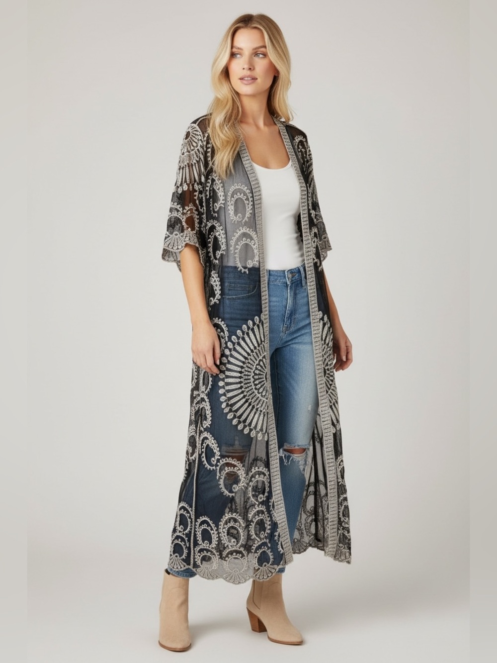 Boho Black White Embroidered Sheer Maxi Kimono Duster M